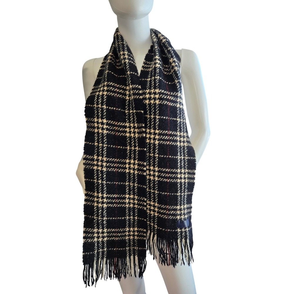 Burberry London Merino Wool Angora Plaid Scarf Black Cream Red Made in Scotland - Picture 2 of 6